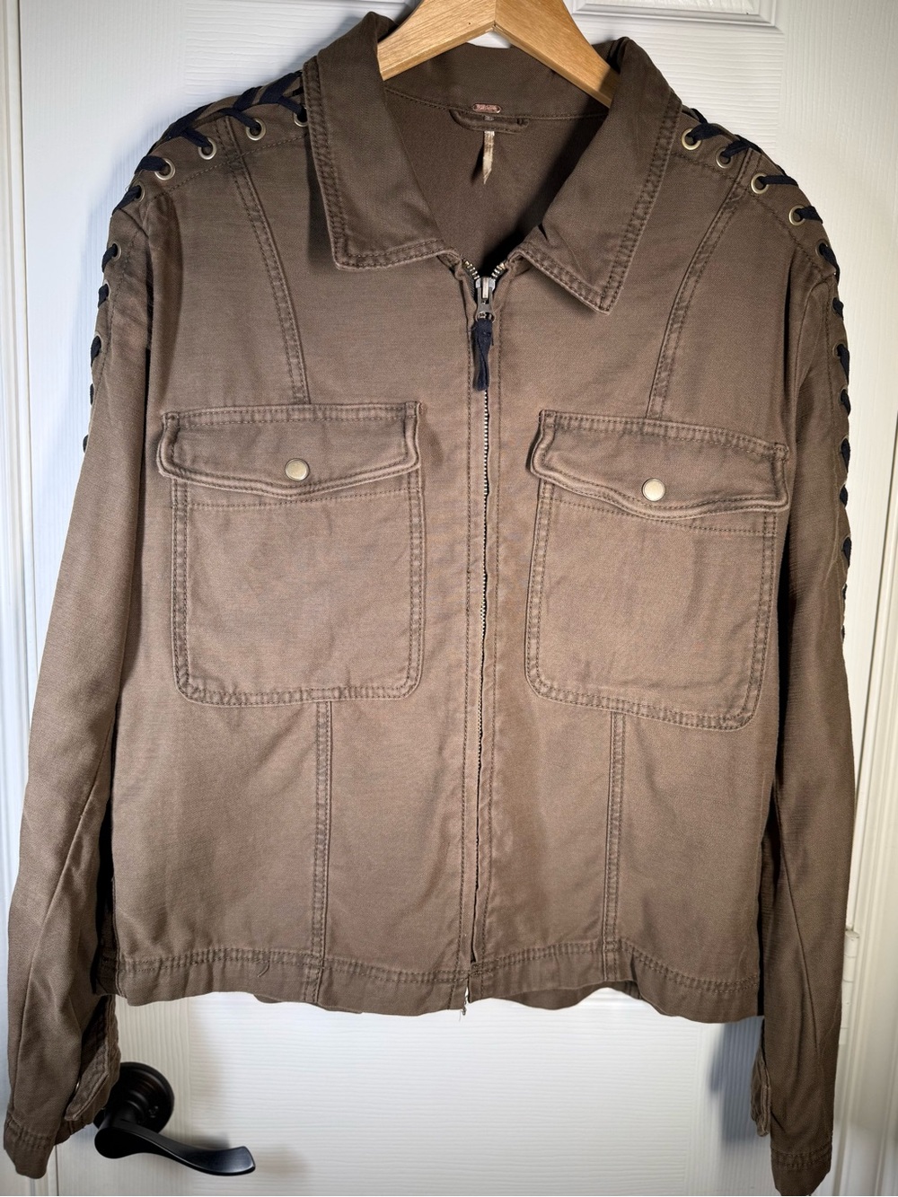 Free People Sz  L Faye Military Jacket Olive Green With Lace-Up Corset Sleeve